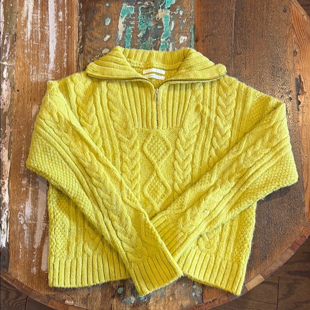 Anthropologie Yellow Cable-Knit Half-Zip Sweater